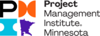 Logo of Project Management Institute Minnesota featuring four elements to create a square including a black letter P, two orange half circles with round halves back to back, an aqua I shape made of a square with two half circles cut out of left and right sides, a solid purple shape of the state of Minnesota with a loon cut out across the bottom of the state