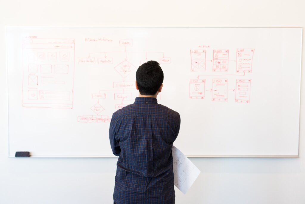 A professional UX designer reviews wireframes on a white board