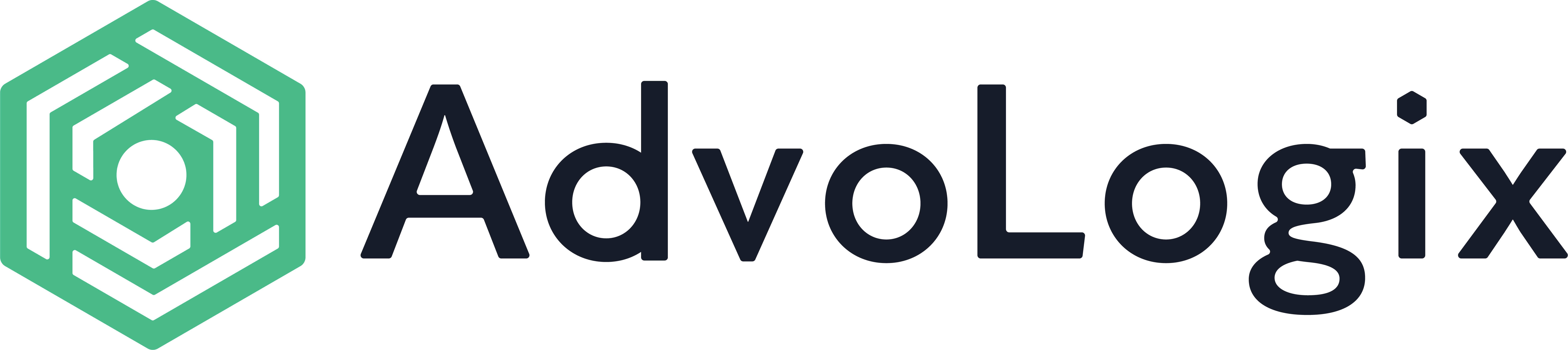 AdvoLogix logo containing seafoam green hexagon graphic to the left of black text brand name