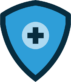 Icon of a shield containing a dark blue cross surrounded by a pale blue circle