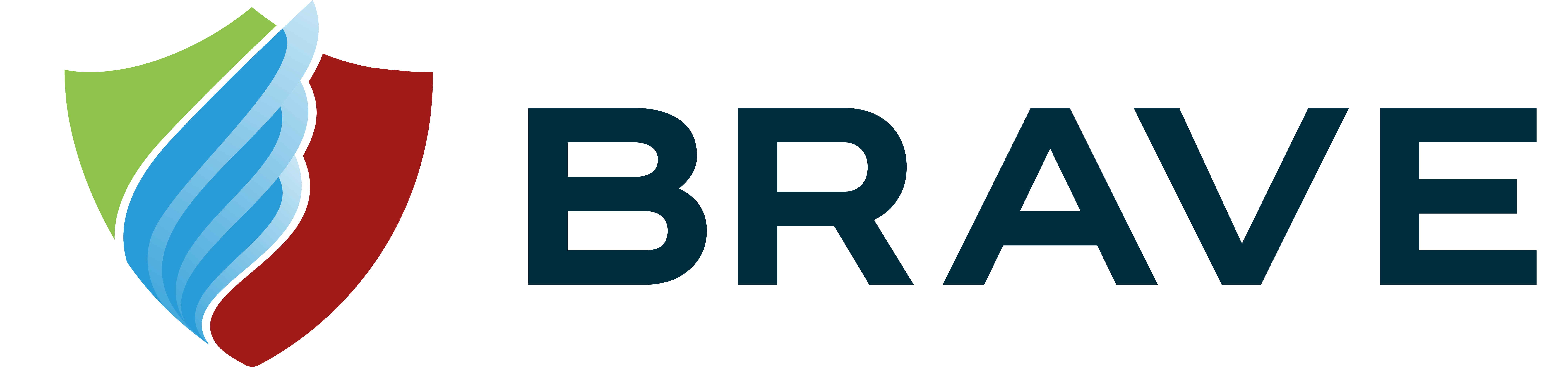 Brave logo consisting of a three color shield with a blue wing in the center, green on the left and red on the right of the shield, Brave text in black is to the right