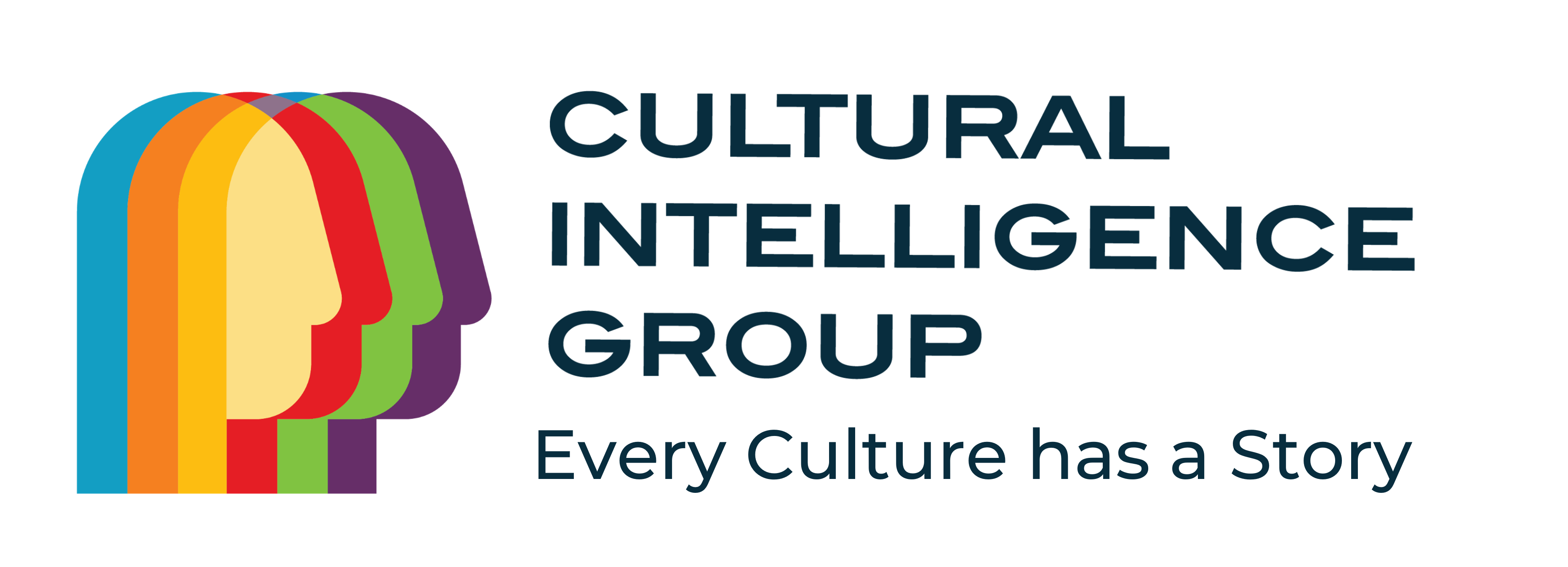 Cultural Intelligence Group logo; Multicolor layered silhouette of a human face to the left of Cultural Intelligence Group with tagline underneath, Every Culture has a Story