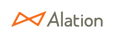 Alation logo featuring two connected orange triangles to the right of Alation brand name in grey-brown