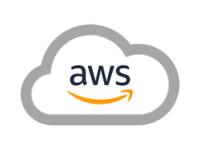 Logo of Amazon AWS featuring thick grey outline of a cloud and AWS logo featuring orange arrow beneath black AWS text