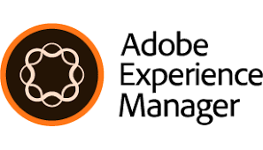 Adobe Experience Manager logo with brown circle with orange band and interior dual ribbon graphic forming a circle to the left of Adobe Experience Manger text stacked one word per line