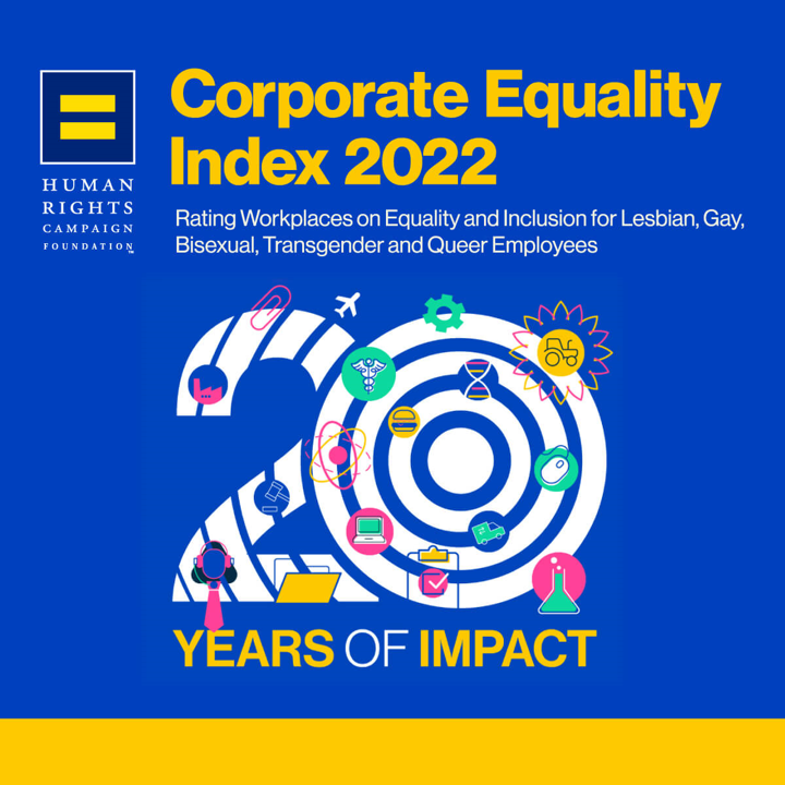 Human Rights Campaign Foundation Corporate Equality Index 2022 digital campaign card with a decorated number 20 containing icons of various areas assessed for 