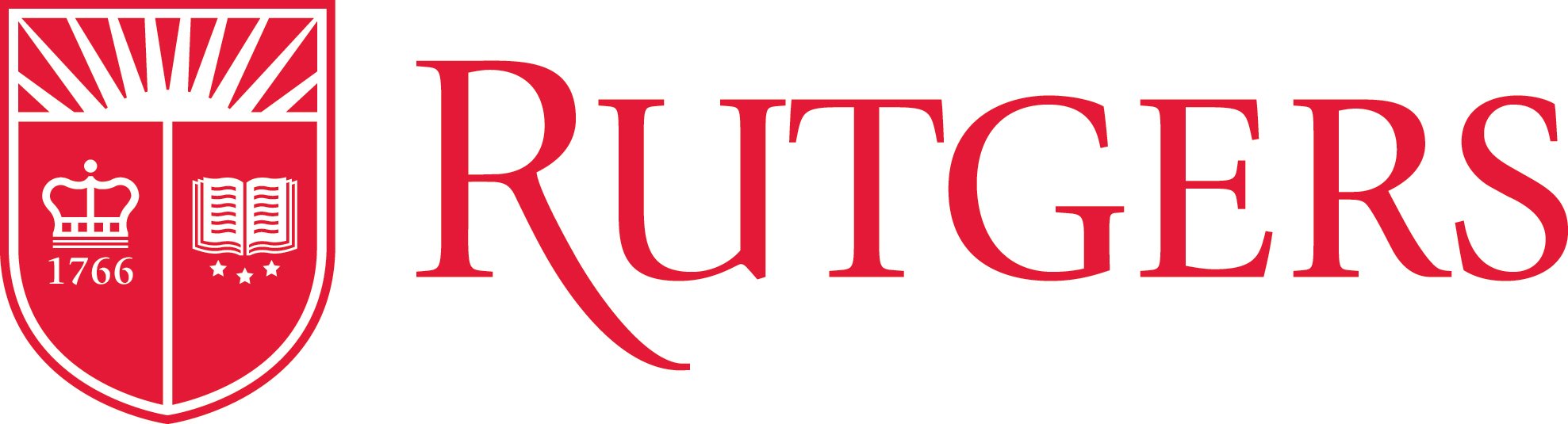 Rutgers University Emblem logo and brand mark in bright red and white with a shield on the left with a sunburst above a crown on the left with 1766 underneath on the right an open book with three white stars