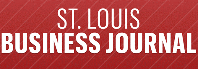 Logo for St. Louis Business Journal with text in white block letters and background of deep red with pale red diagonal lines