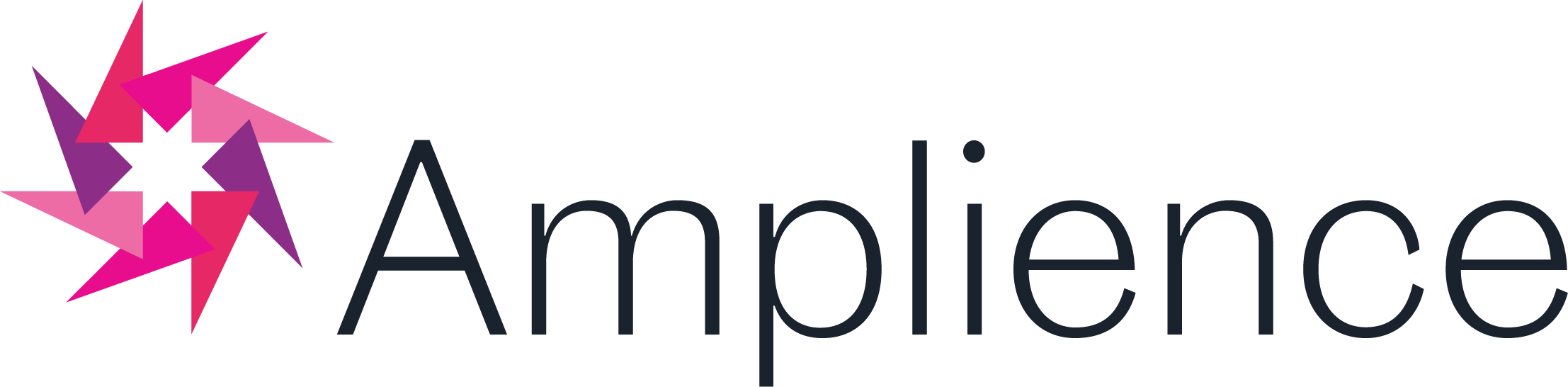 Amplience logo featuring graphic of multiple isosceles triangles in pink, red, and purple forming a star shape within center negative space, black sans serif text for brand name
