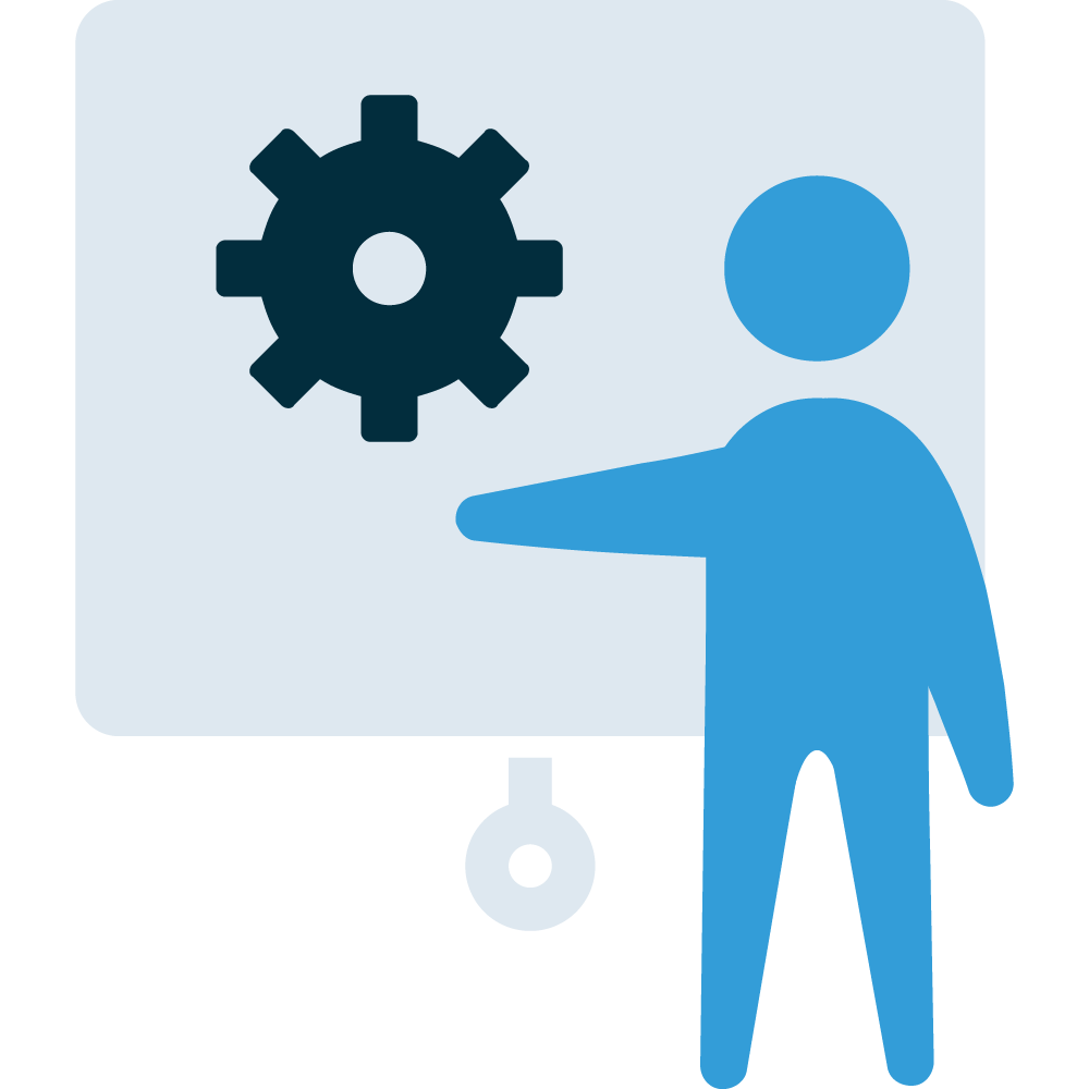 Illustration of non-gendered person points to the center of a traditional presentation screen displaying a gear icon