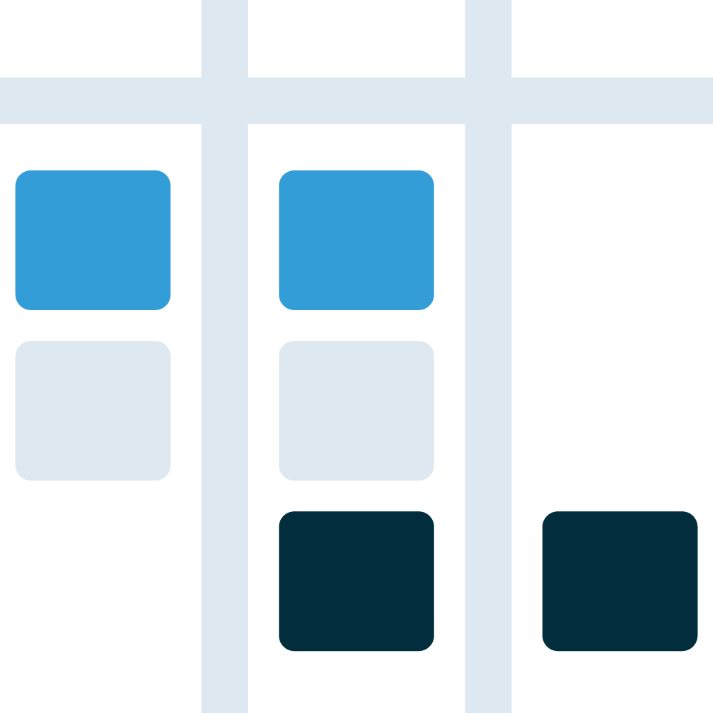 icon of three columns with a heading with each column containing squares of blue, grey, or black with the first containing a blue and grey square, the second column one of each, and the third column containing one black square
