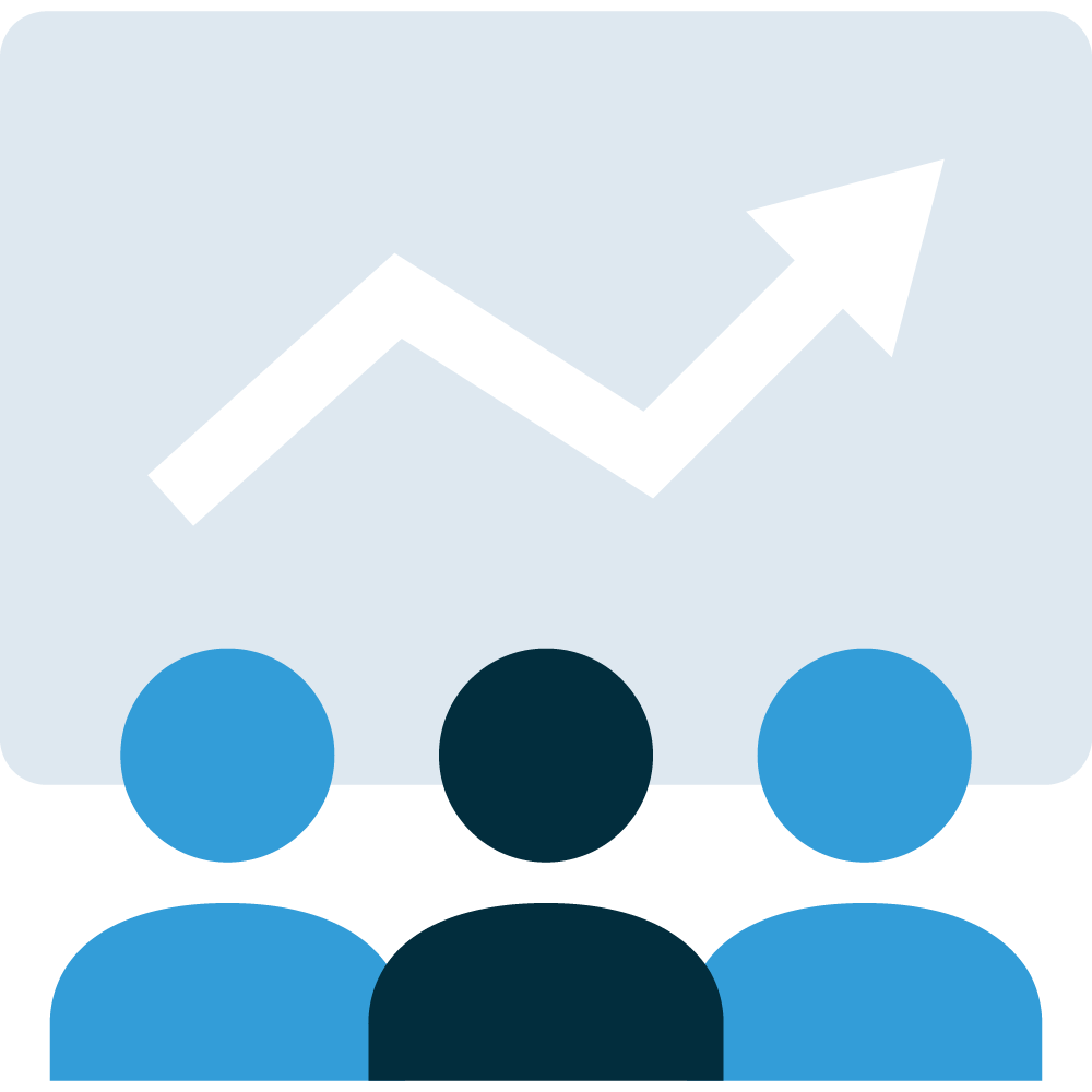 Illustration of three non-gendered people below a white arrow depicting growth, decline, and ongoing growth