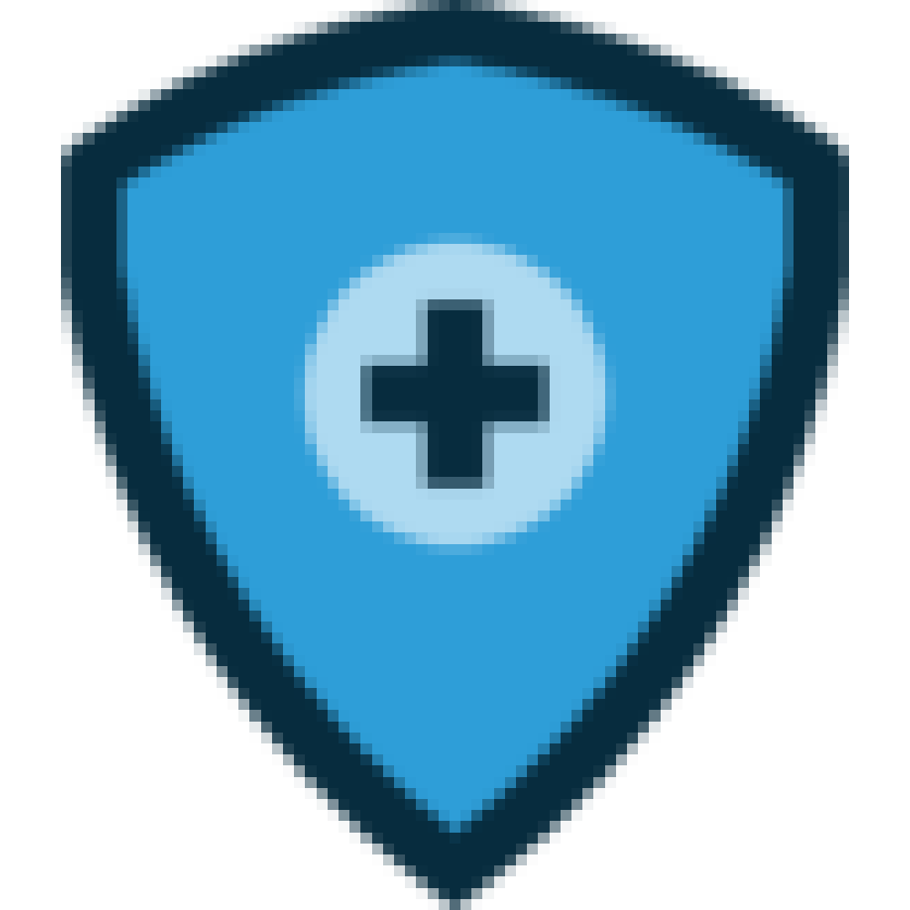 Illustrated icon of a shield with a medical cross surrounded by a circle conveying insurance as part of Turnberry's benefits package