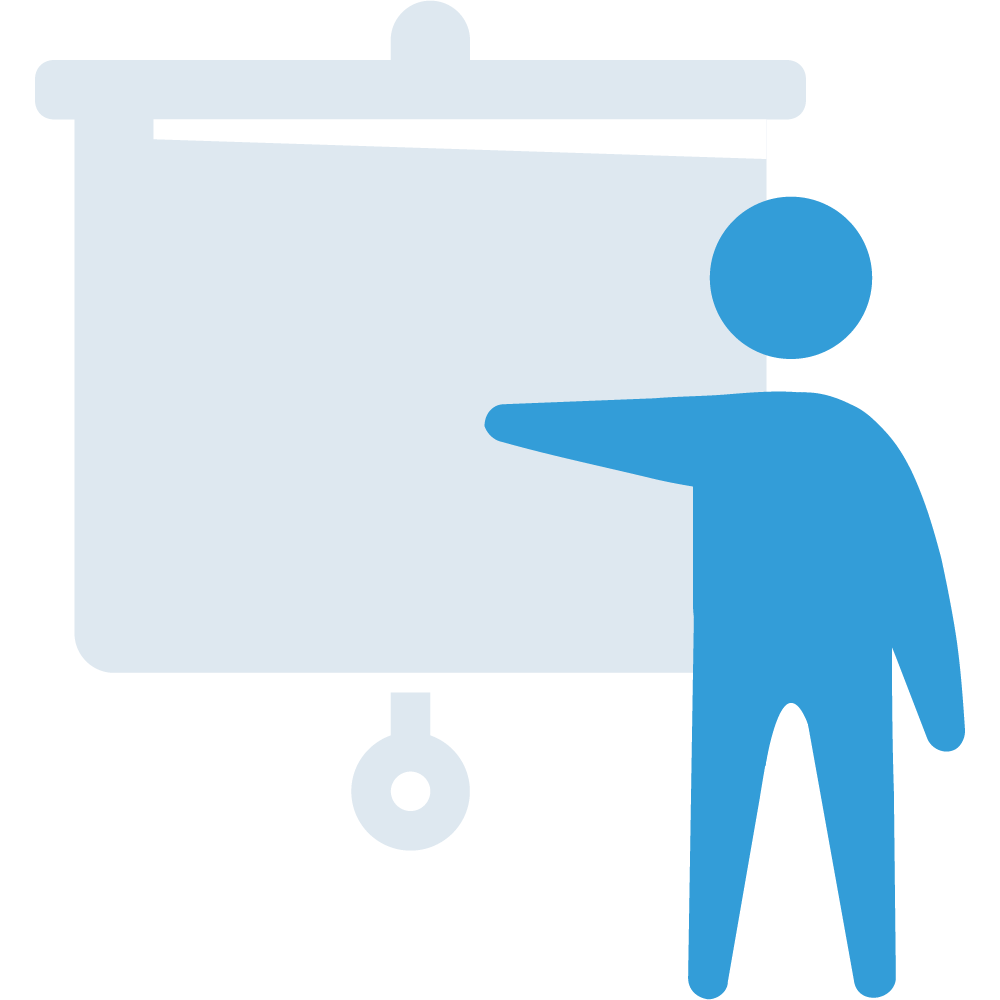 Illustration of a non-gendered person pointing to the center of a traditional presentation screen