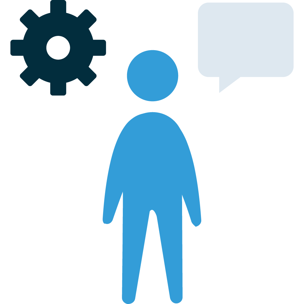 Illustration of a non-gendered person with gear icon to left of head and speech bubble to right