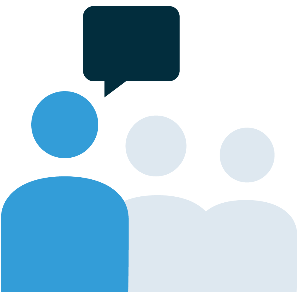 Illustration of three non-gendered people arranged left to right with left most person in blue and a speech bubble