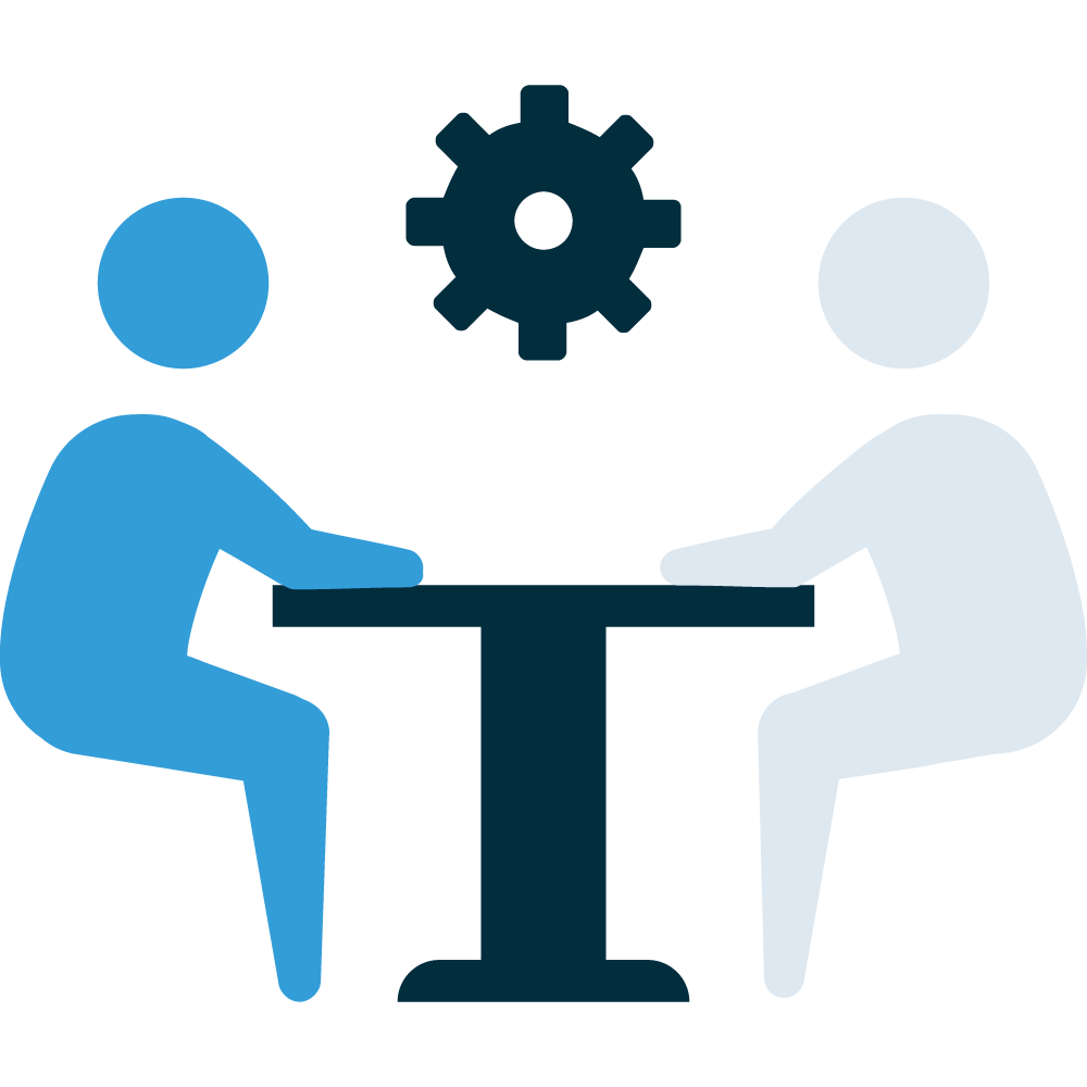 Illustration of two non-gendered persons sitting at a table with a gear icon centered between their heads
