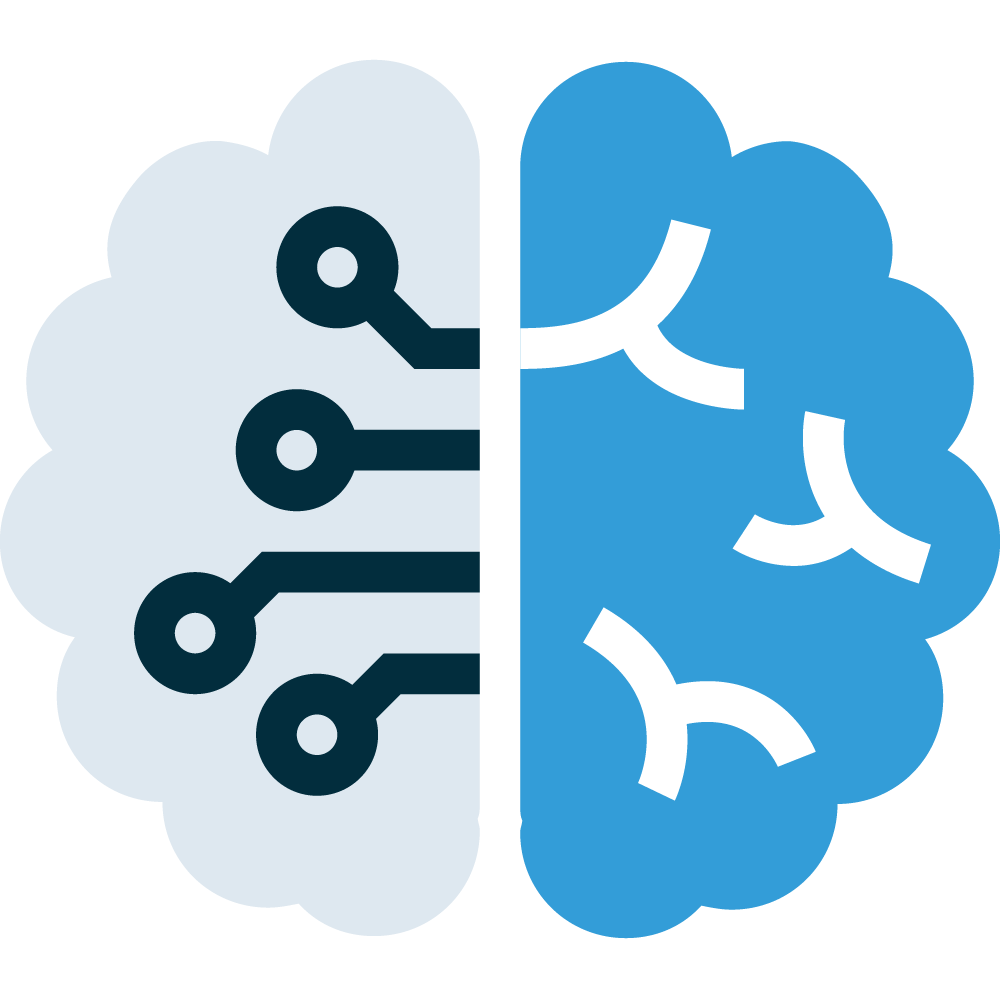 Illustration of brain hemispheres depicting straight lines with nodes on left on grey background and bright blue right hemisphere with white branch like lines