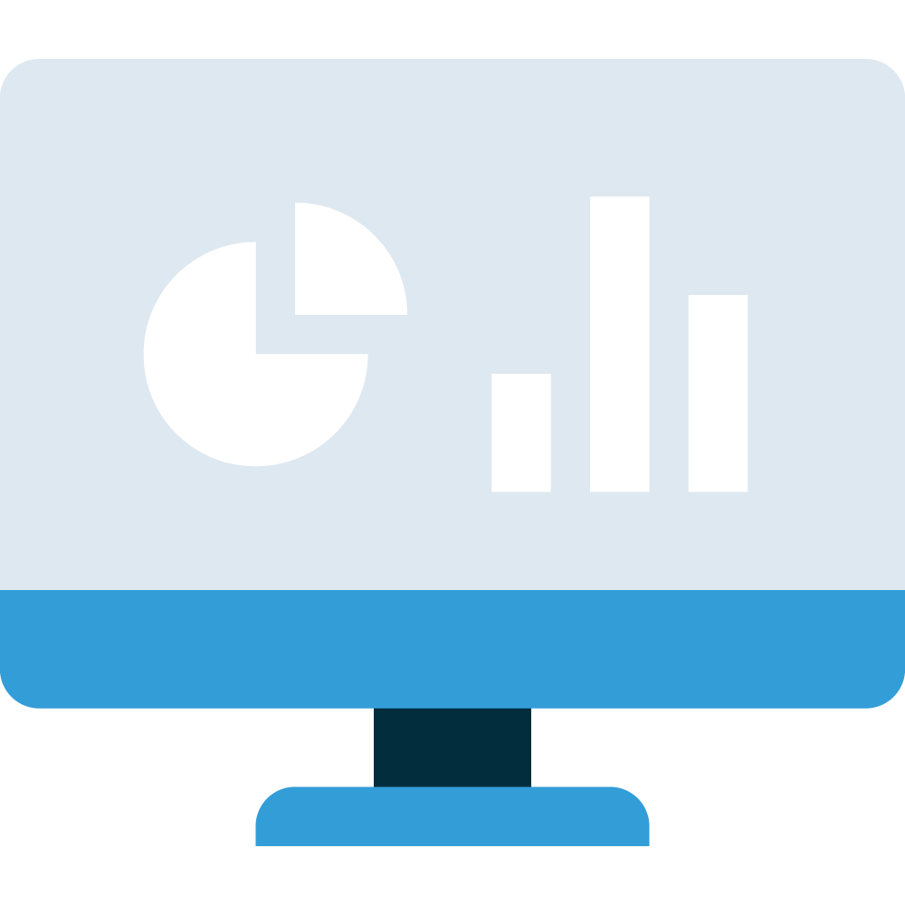 Illustration of a computer monitor with a white pie chart of 75 percent, 25 percent piece pulled out alongside three bar chart to the right