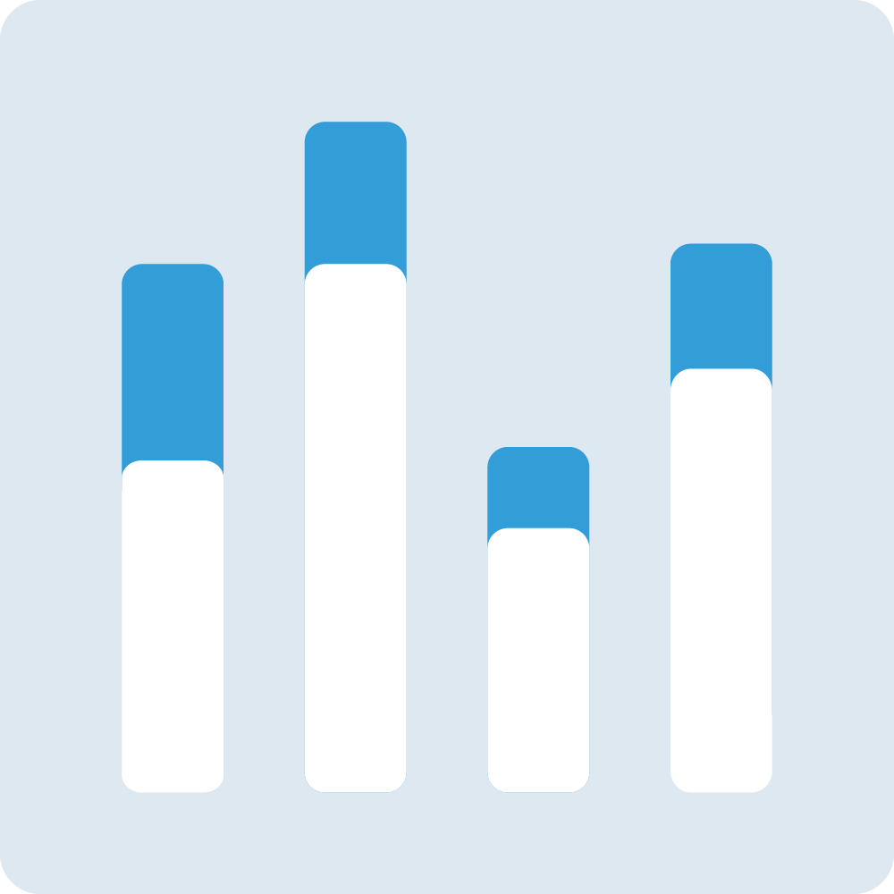 Illustration of bar chart without axis containing four stacked bars in white and blue