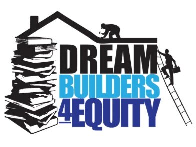Graphic of a stack of books forming the wall of a house with builders climbing a ladder and adding shingles to the roof with the words Dream Builders 4 Equity inside the house