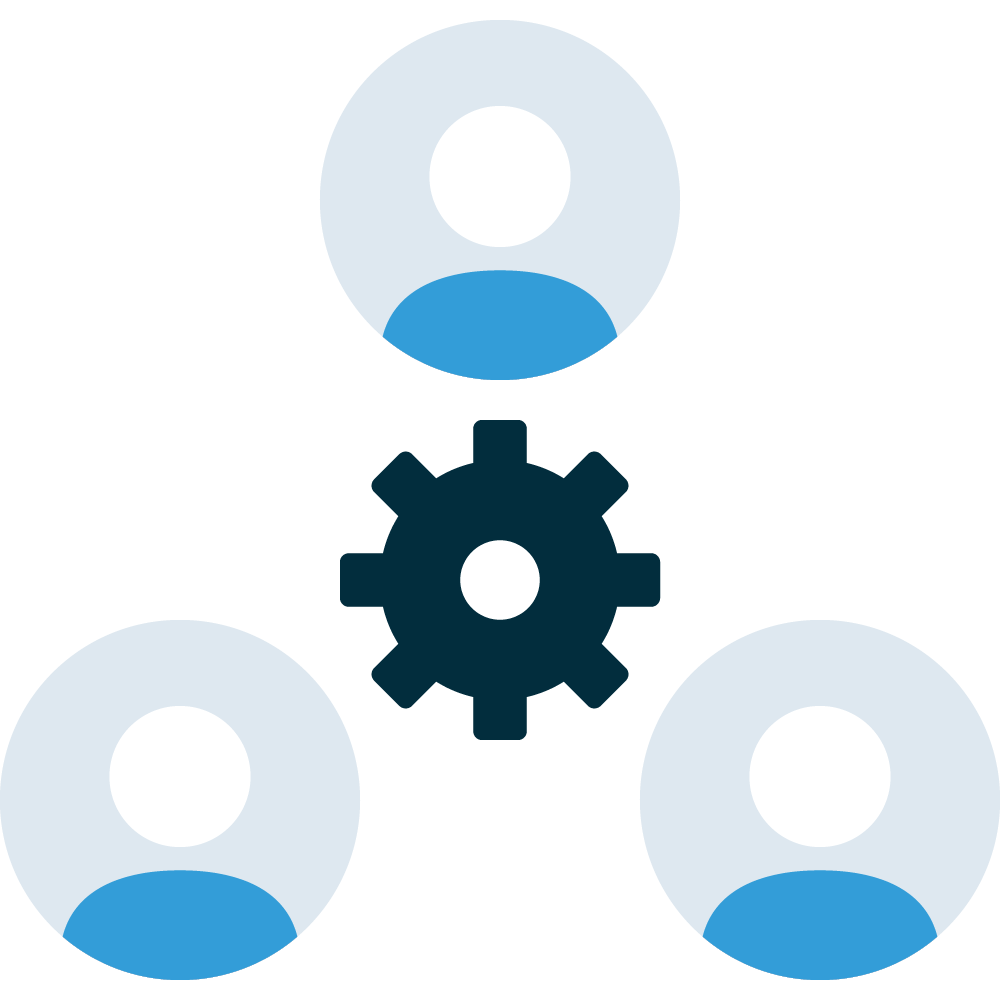 Illustration of three round avatar profile graphics arranged in a triangle with a gear icon in the center