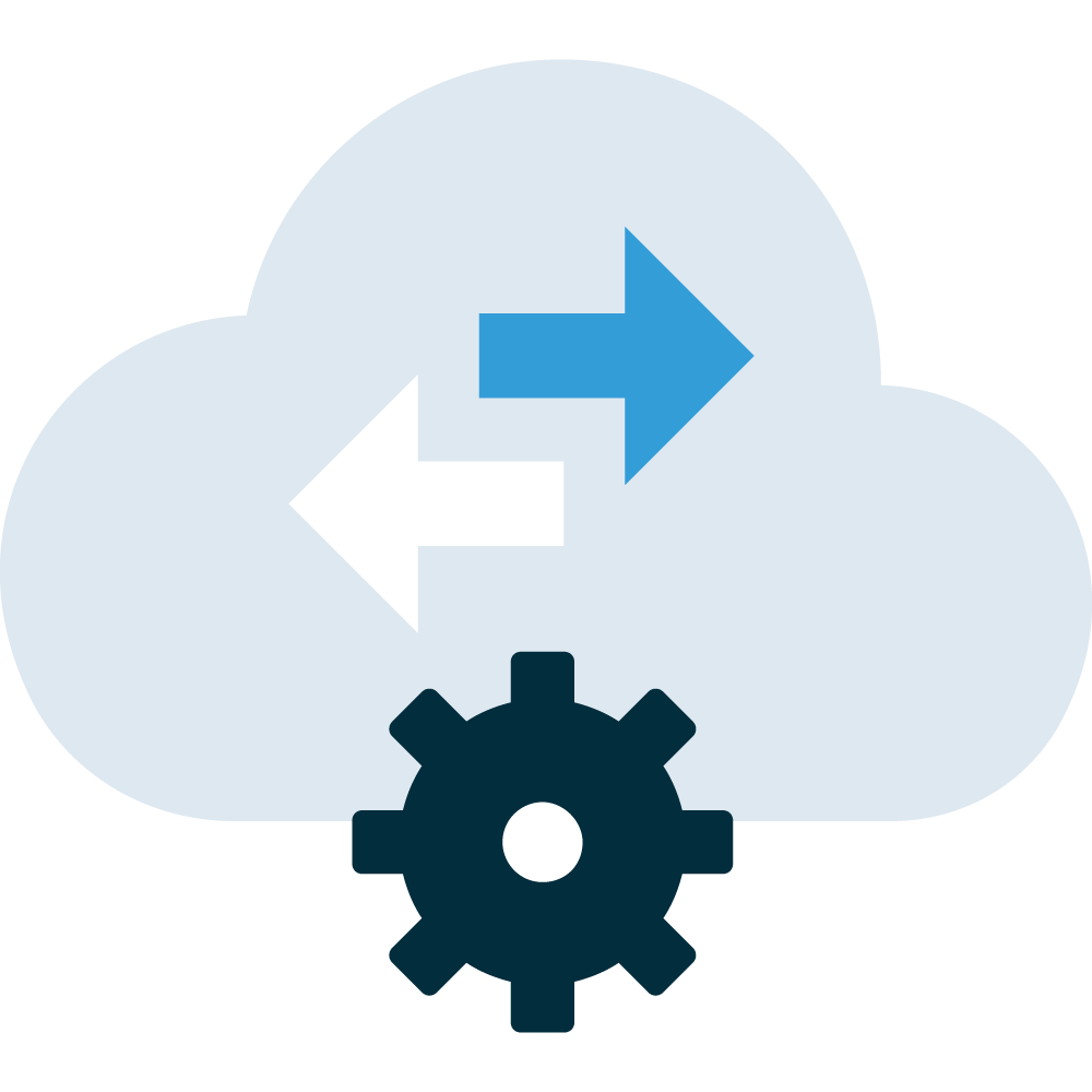 Illustration of a cloud featuring two arrows pointing in opposite directions over a gear icon to convey cloud innovations that grow with capacity needs