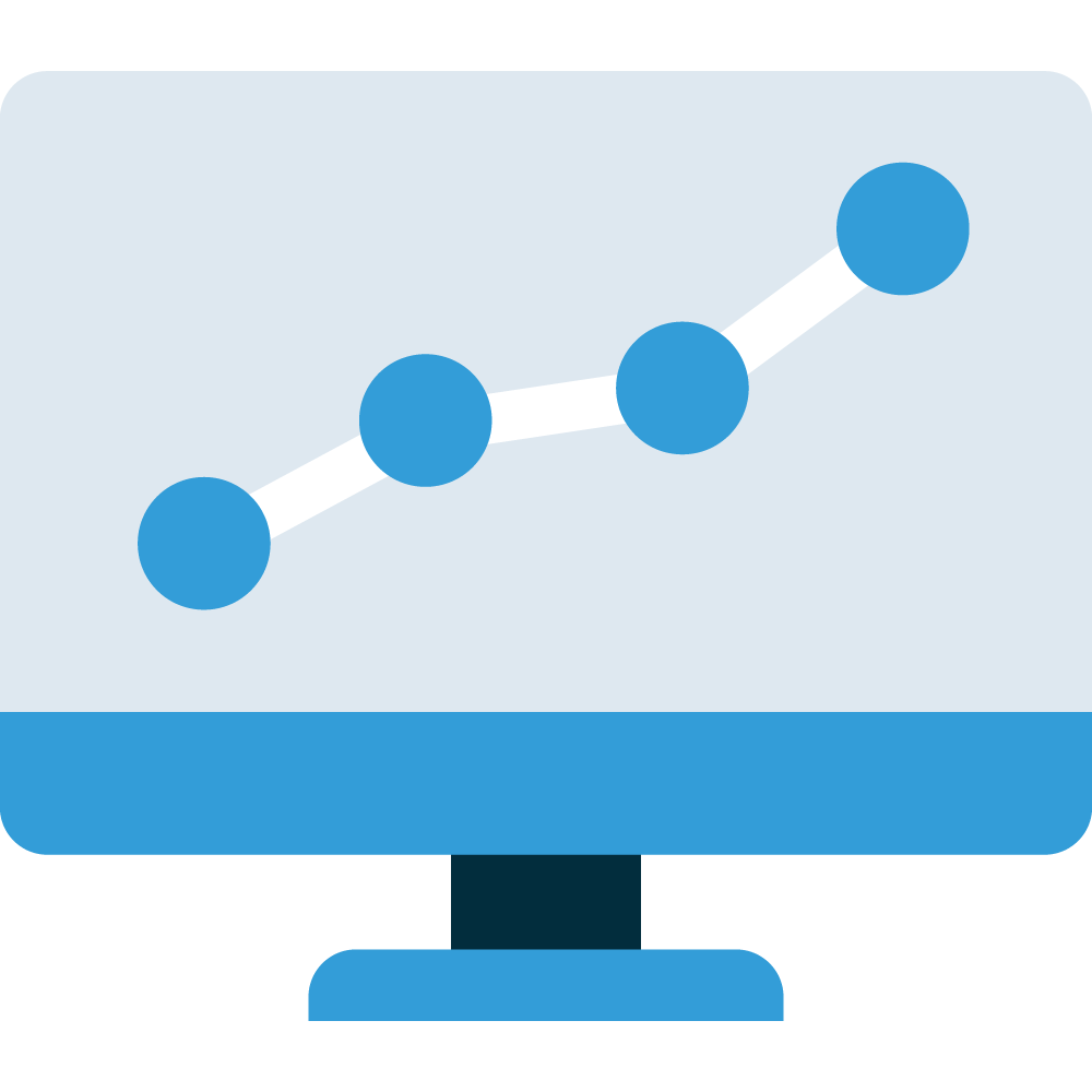 Illustration of bezel less monitor with line chart featuring blue nodes trending up and to the left to convey Turnberry's custom development capabilities to support digital transformations
