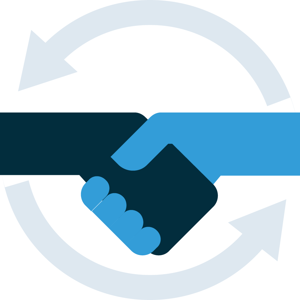 Illustration of a handshake with grey arrows at top and bottom forming a circle