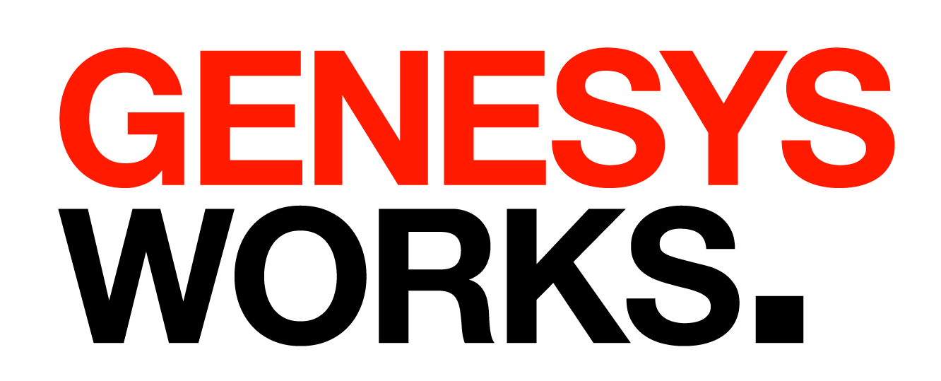 Genesys Works Logo; Genesys in bright red, Works with a square punkt in black underneath
