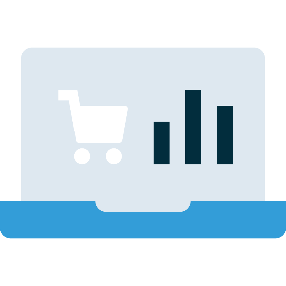 Illustration of a modern web browser with icon of a shopping cart and three bar chart