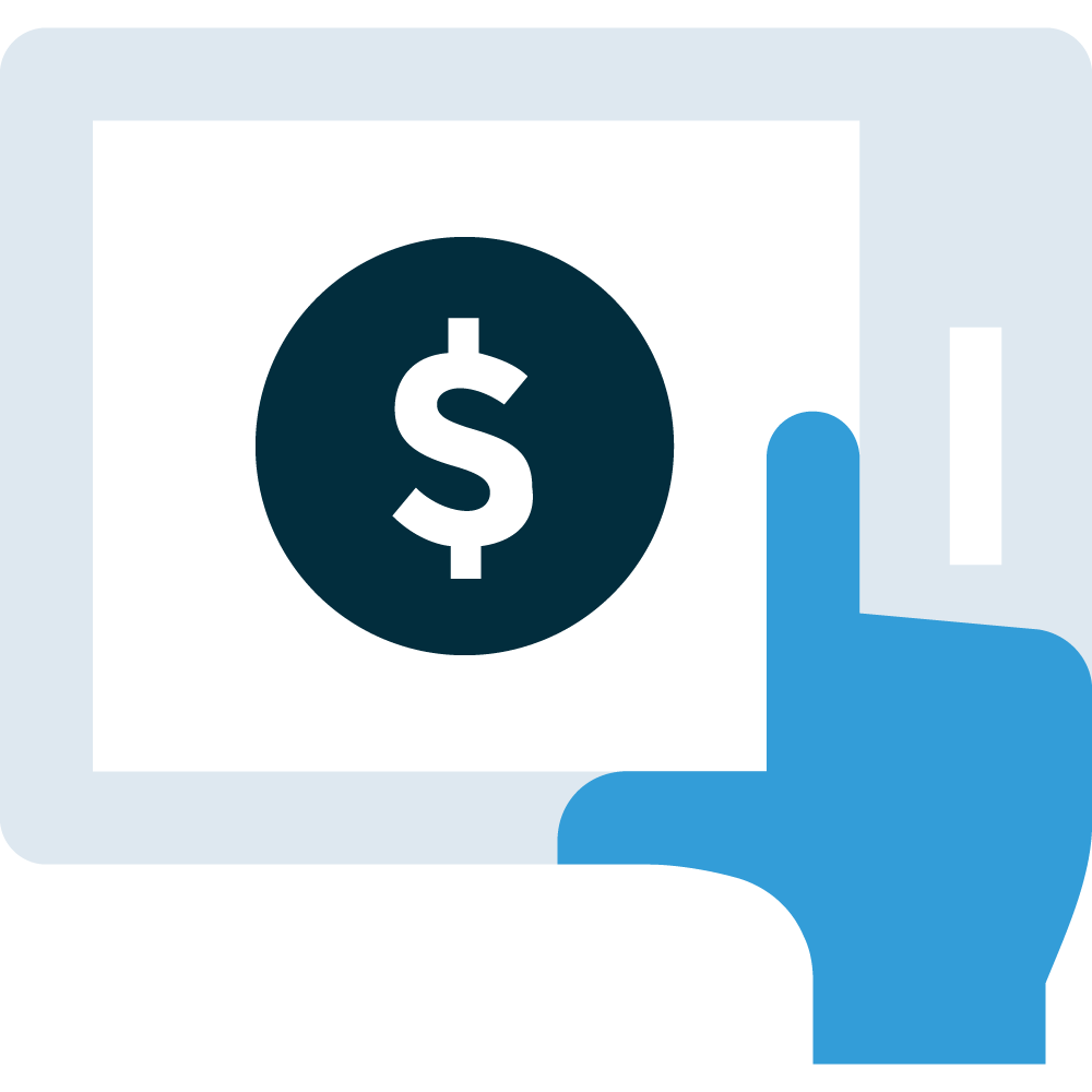 Illustration of white dollar sign surrounded by marine blue circle within a modern tablet browser, a hand navigates across the screen to convey e-commerce experience