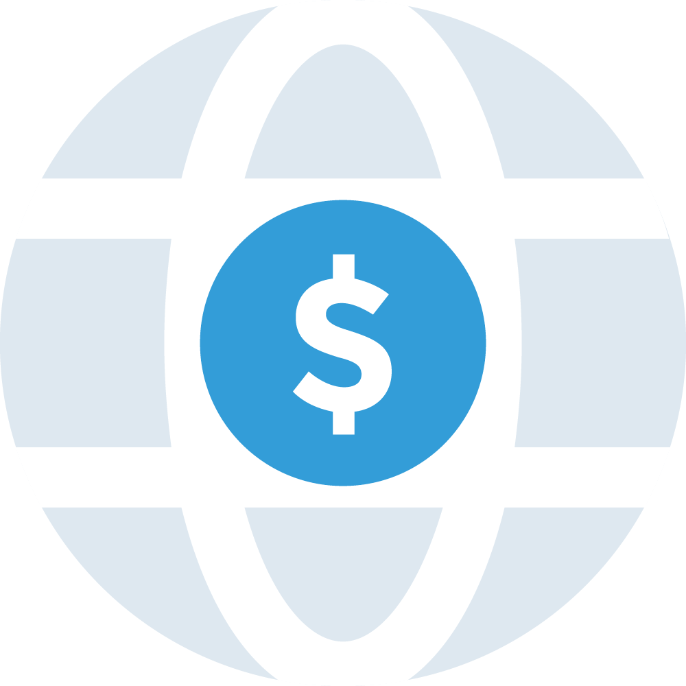 Illustration containing a white dollar sign surrounded by a blue circle and simplified world wide web network icon
