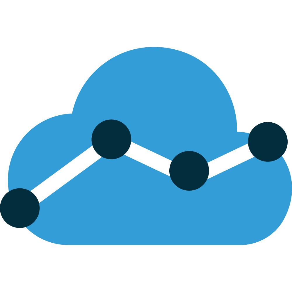 Illustration of bright blue cloud inspired by Salesforce logo with overlay of four nodes on a white line starting in lower left to mid-height on cloud, lower to third node, then to fourth node at similar level as mid-height meant to convey enterprise level offerings and scalable solutions related to Salesforce software