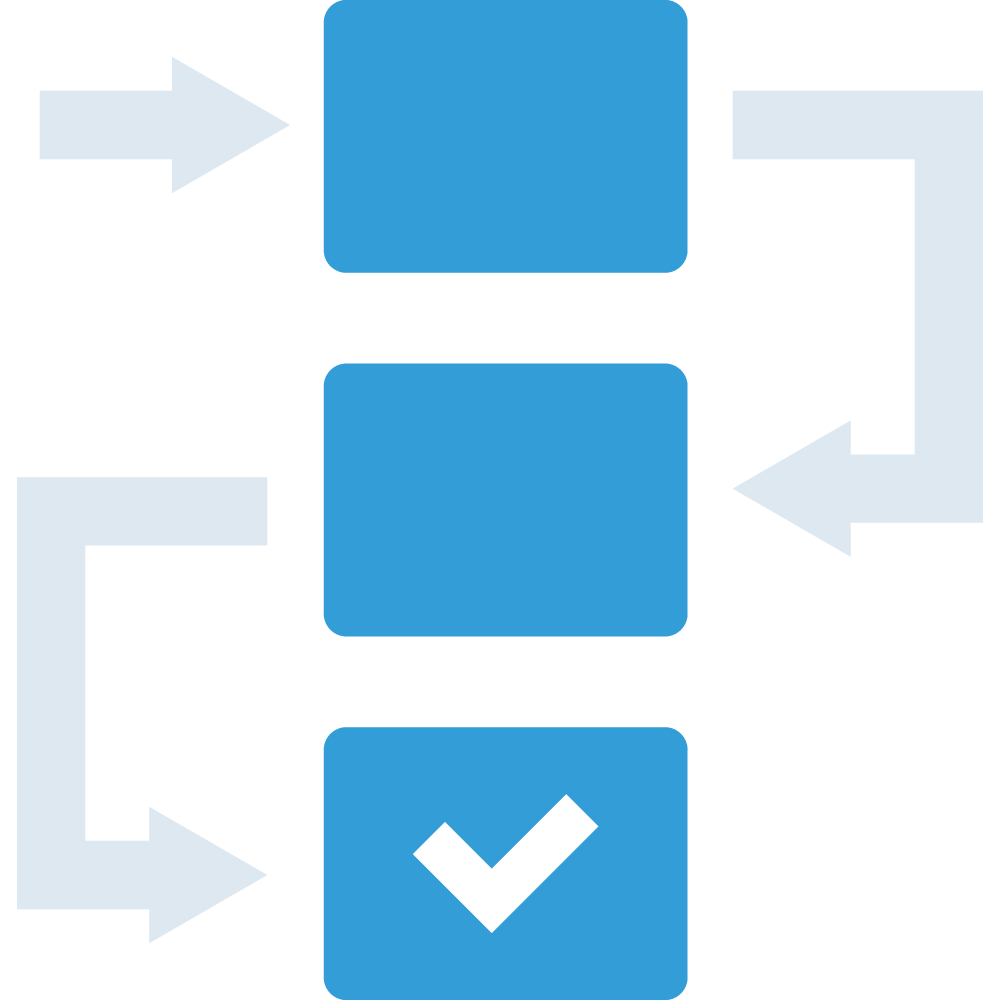 Illustration of a simple flow chart with three blue boxes stacked vertically with arrows starting top left to right top to bottom to make way from top box to bottom box which contains a white checkmark
