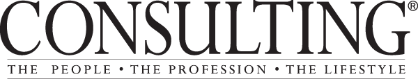 All black logo for Consulting magazine consisting of Consulting in all caps serif font with The People, The Profession, The Lifestyle underneath a thin black line