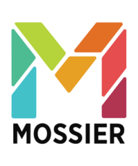 Mossier logo with a brightly multicolored M created by geometric segments creating the shape of the M, Mossier in black is beneath the M in block font