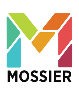 Mossier logo with a brightly multicolored M created by geometric segments creating the shape of the M, Mossier in black is beneath the M in block font