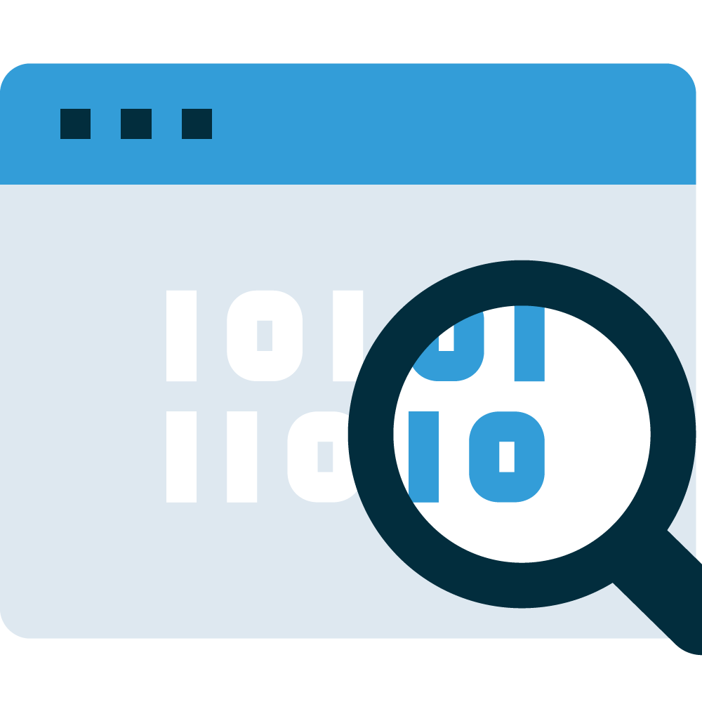 Illustration of a modern web browser with 1's and 0's magnified with the lens of a magnifying glass