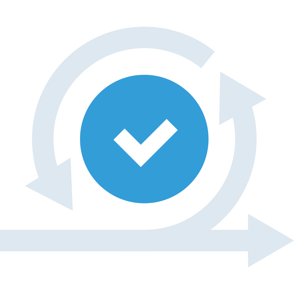 Illustration of a white checkmark surrounded by a blue circle with grey arrows moving around the circle to convey process optimization
