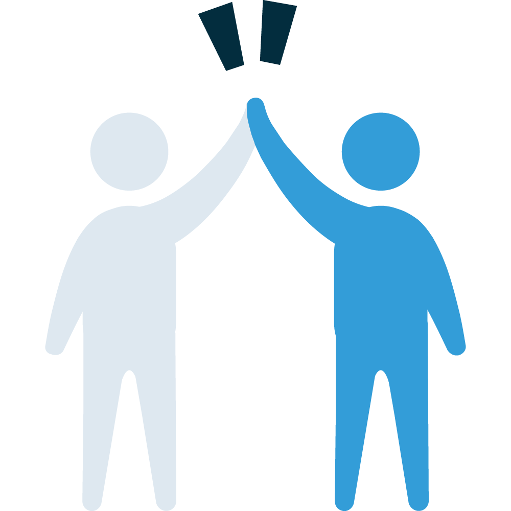 Illustration of two non-gendered people taking part in a high five with expression marks above their hand areas