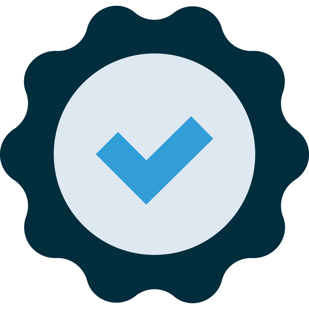 Illustration of a blue checkmark surrounded by a light blue grey circle and wavy ring of blue marine color