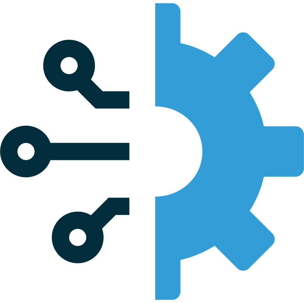 An icon of three black circles with bent or straight lines leading toward the center of the image with the other half of the icon comprised of a half of a bright blue gear