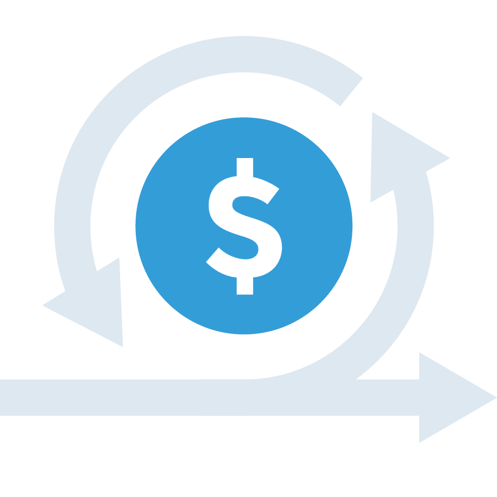 Illustration of a white dollar sign surrounded by a blue circle with grey arrows moving around the circle to convey process optimization