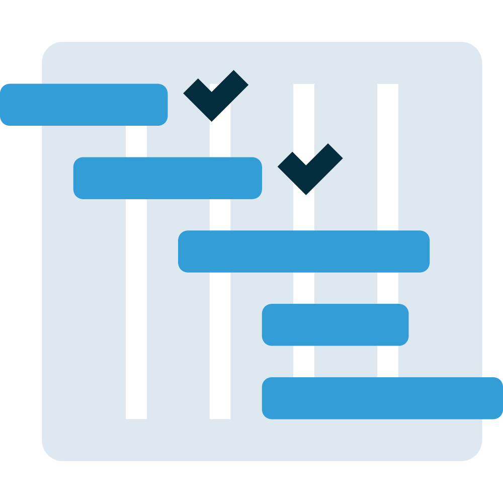 Illustration of a composite horizontal bar chart with vertical lines and checkmarks to convey the enterprise application development process