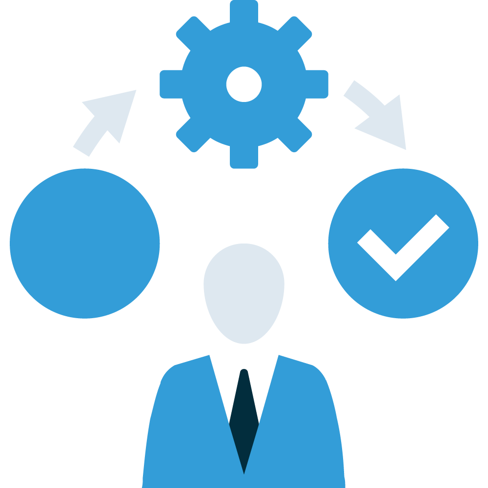 Graphic of a stylized male person in a suit and tie with three elements above him demonstrating a workflow including a blue circle leading to a gear then a blue circle with a white checkmark with grey arrows between the three elements