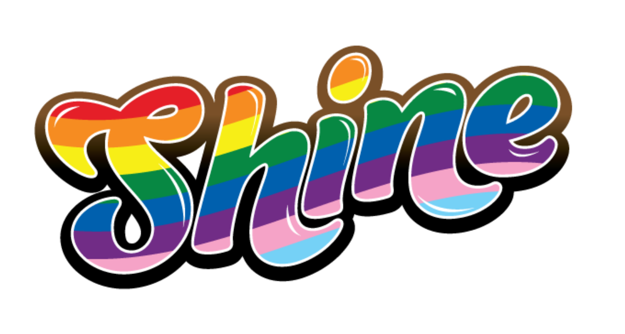 Turnberry Shine logo consisting of the word Shine in a bubble font and filled with a LGBTQ+ rainbow stripe with the outline on the top in brown fading to black