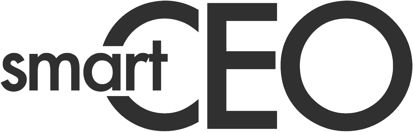 Smart CEO horizontal logo in all black where smart enters from the left into the center of the C in CEO
